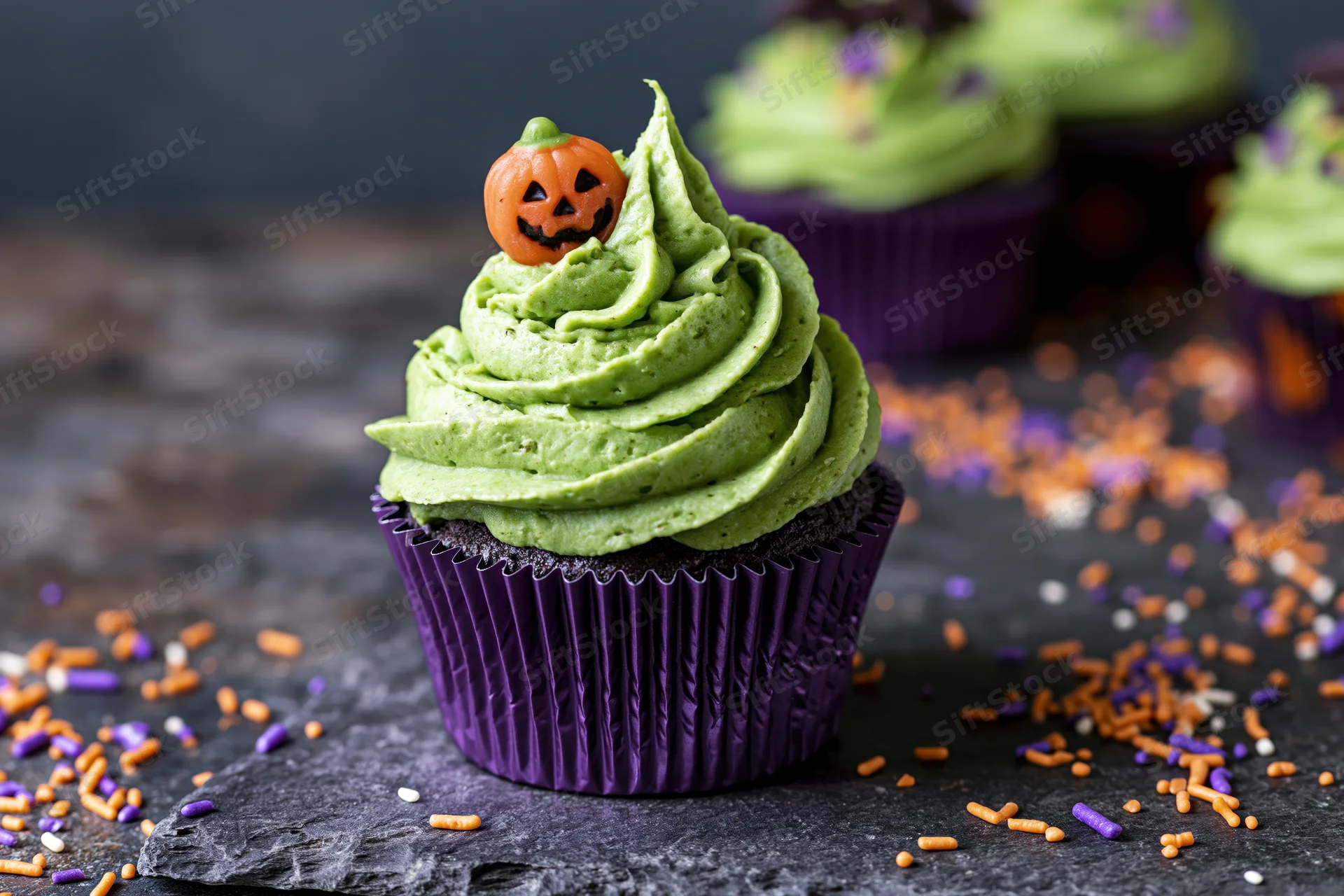 Halloween cupcake with green frosting and pumpkin topper in purple foil wrapper on dark slate surface surrounded by colorful sprinkles