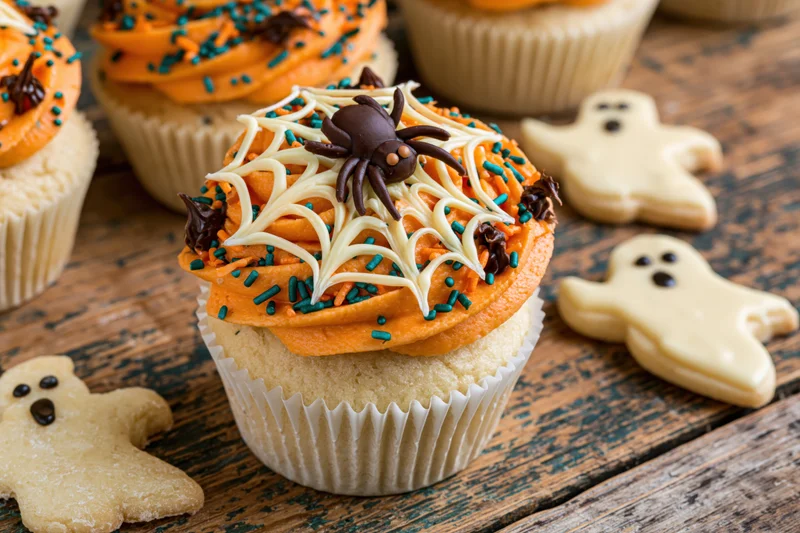 Halloween cupcake with orange frosting and chocolate spider on wooden table surrounded by ghost cookies