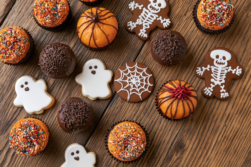 Halloween cupcakes and decorated sugar cookies arranged on a wooden table