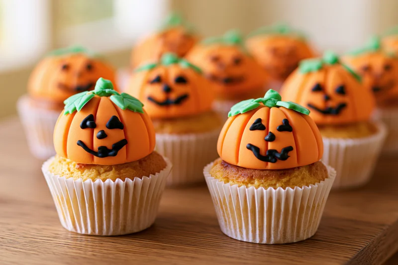 Halloween cupcakes decorated with orange fondant jack-o-lanterns on a wooden table