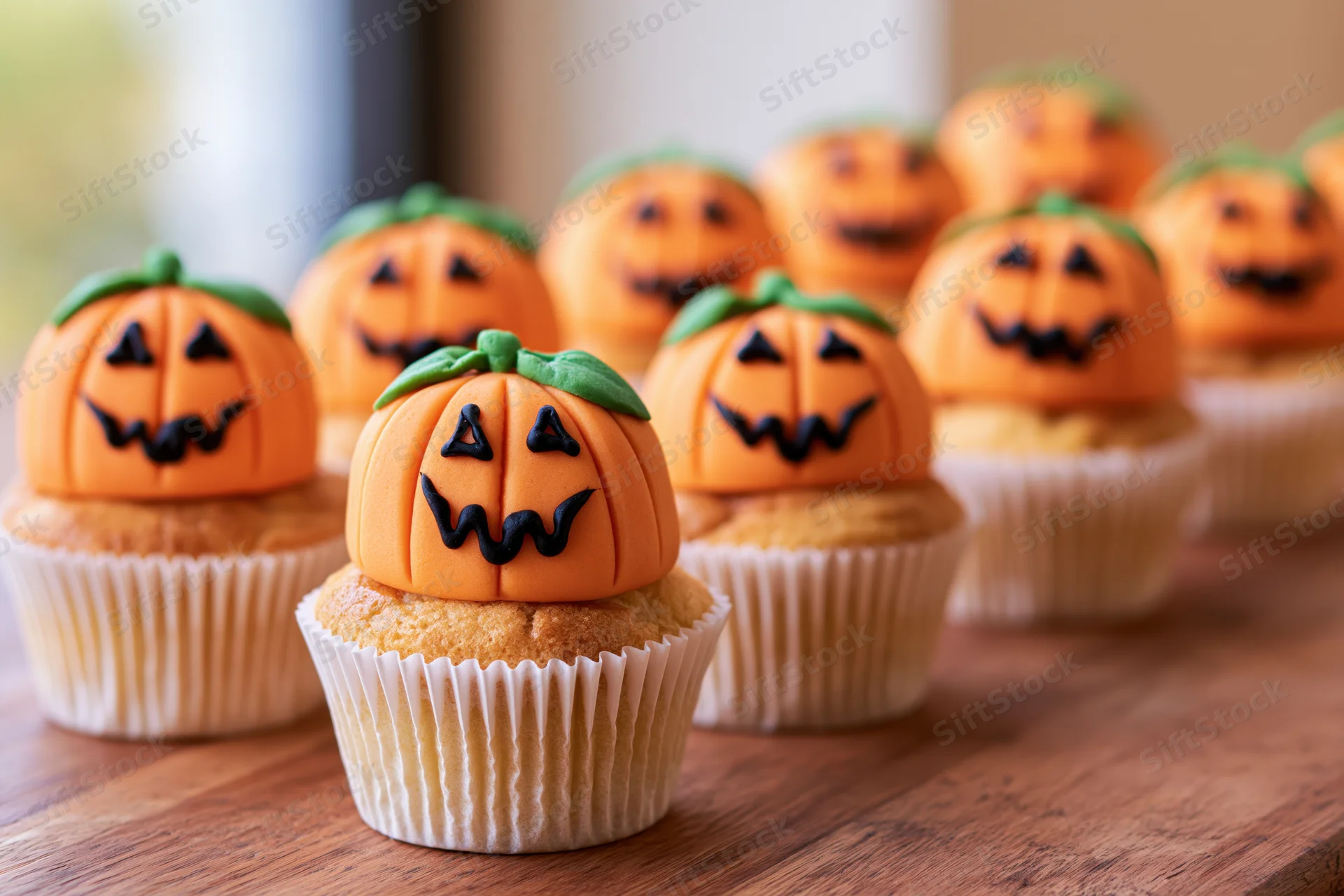 Halloween cupcakes decorated with orange fondant jack-o-lanterns on wooden surface