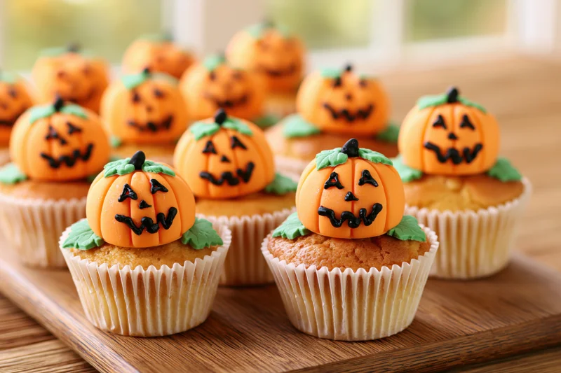 Halloween cupcakes decorated with orange fondant jack-o-lanterns on a wooden tray