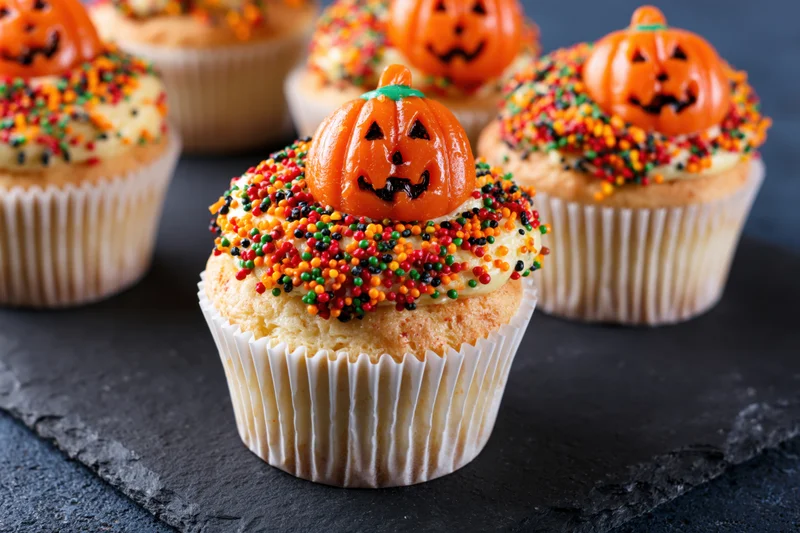 Halloween cupcakes topped with orange jack-o-lantern candy and colorful sprinkles on a dark slate surface