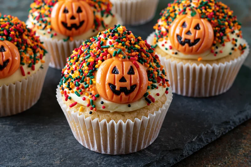 Halloween cupcakes topped with jackolantern candy and colorful sprinkles on dark slate surface