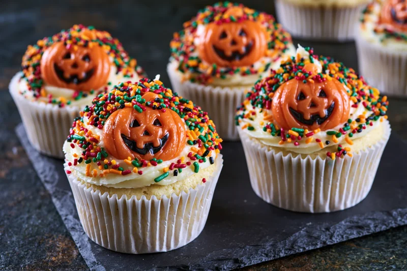 Halloween cupcakes with jack-o-lantern candy and sprinkles on a slate tray