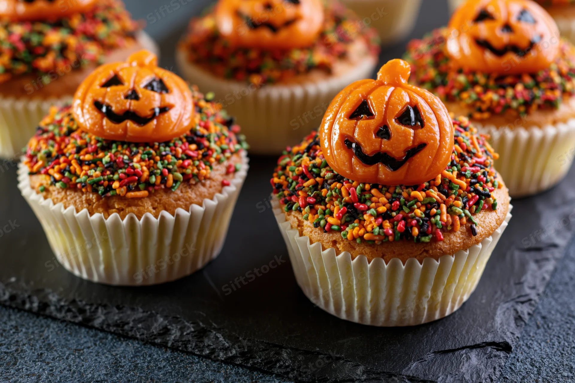 Halloween cupcakes topped with orange jack-o-lantern candy and colorful sprinkles on dark slate surface