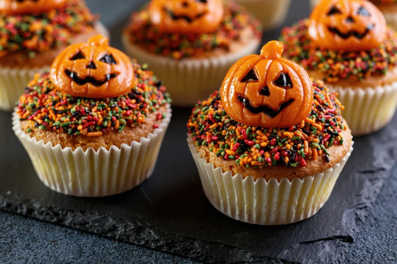 Halloween cupcakes topped with orange jack-o-lantern candy and colorful sprinkles on dark slate surface
