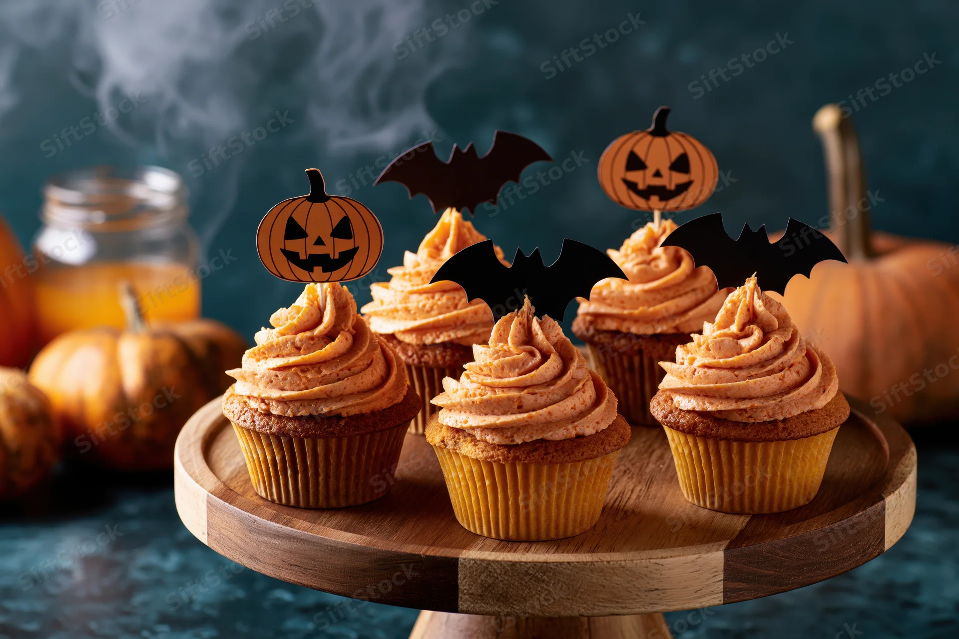 Halloween cupcakes with orange swirled frosting on a wooden stand surrounded by pumpkins and smoke
