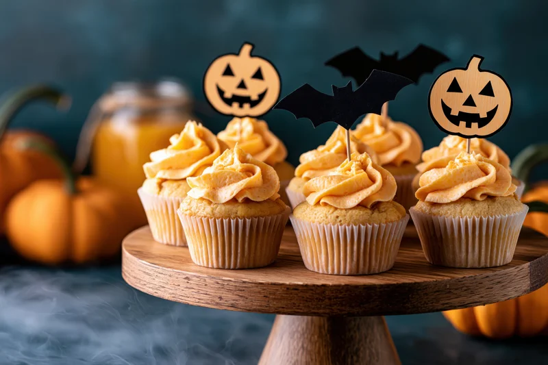 Halloween cupcakes with orange frosting and jack-o-lantern and bat toppers on a wooden stand surrounded by pumpkins and smoke