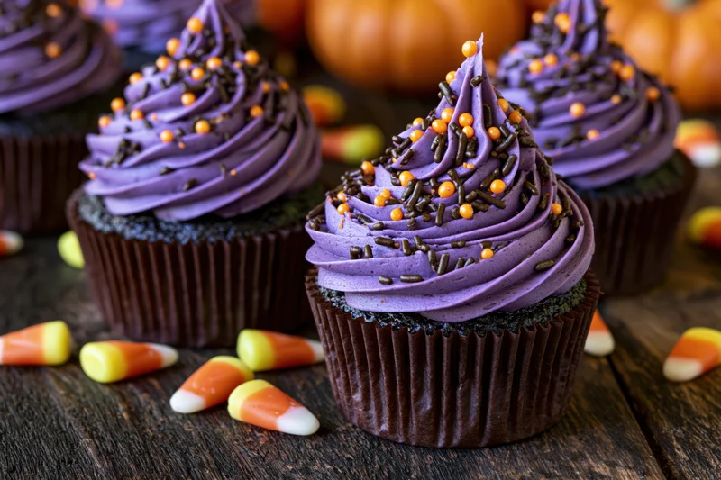 Halloween cupcakes with swirled purple frosting and candy corn on a wooden table