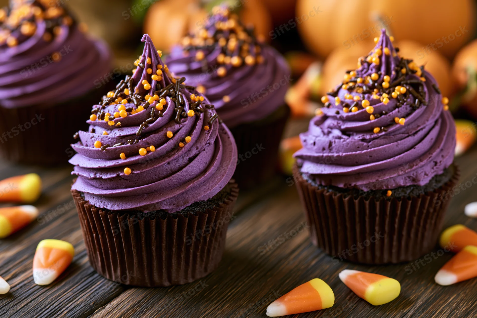 Purple-frosted cupcakes with candy corn and sprinkles on a wooden table for halloween