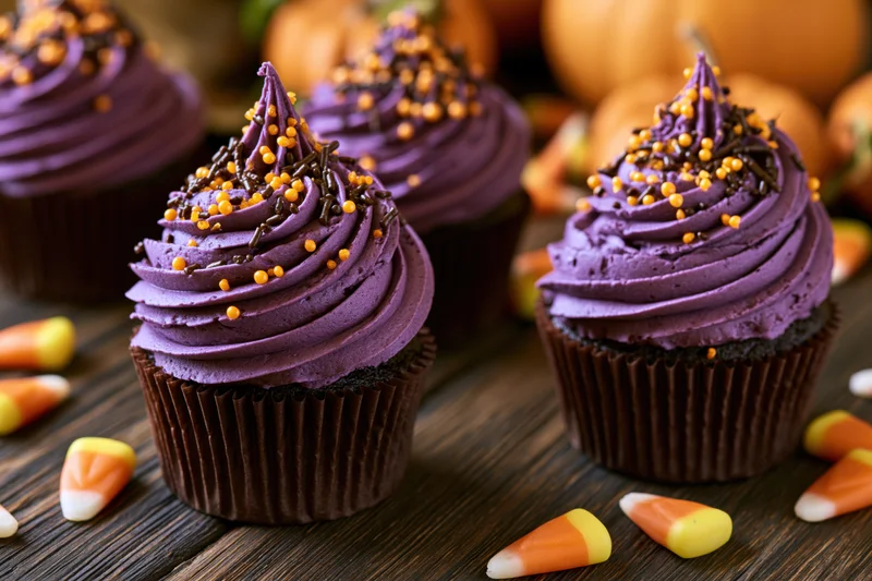 Purple-frosted cupcakes with candy corn and sprinkles on a wooden table for halloween