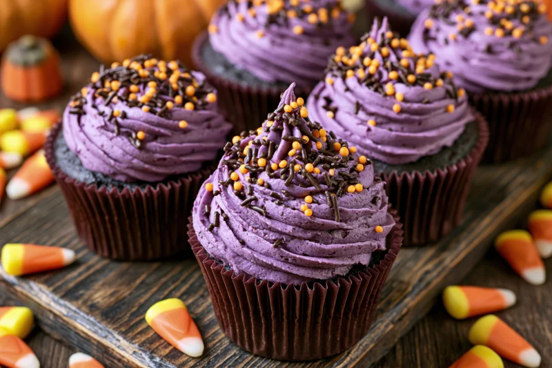Purple-frosted cupcakes with chocolate and candy corn sprinkles on a wooden tray surrounded by pumpkins and candy corn