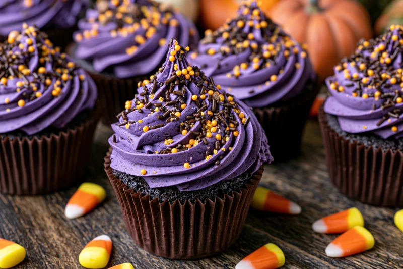 Purple-frosted cupcakes with chocolate and orange sprinkles on a wooden table surrounded by candy corn and pumpkins