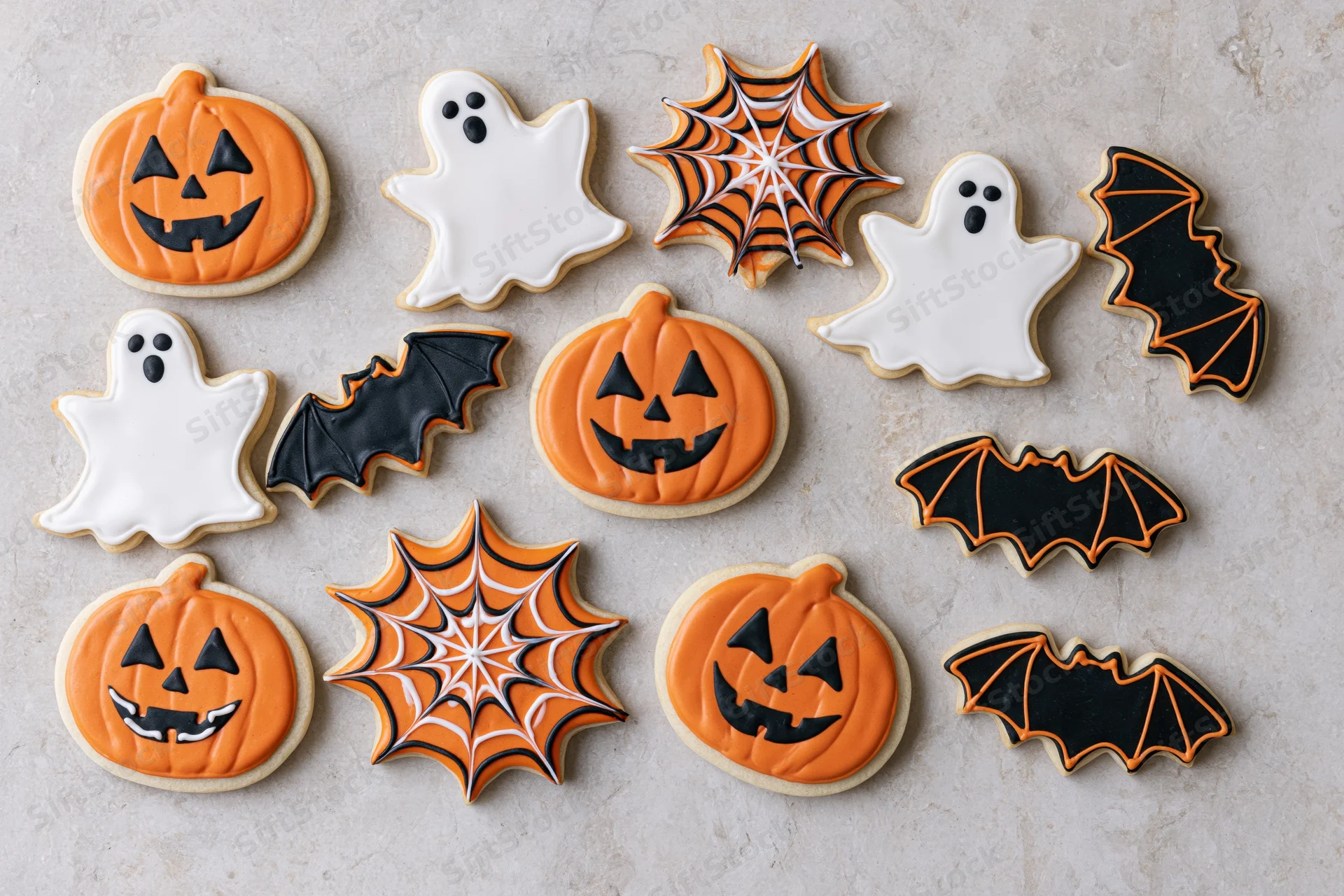 Halloween decorated sugar cookies arranged flat lay on light surface