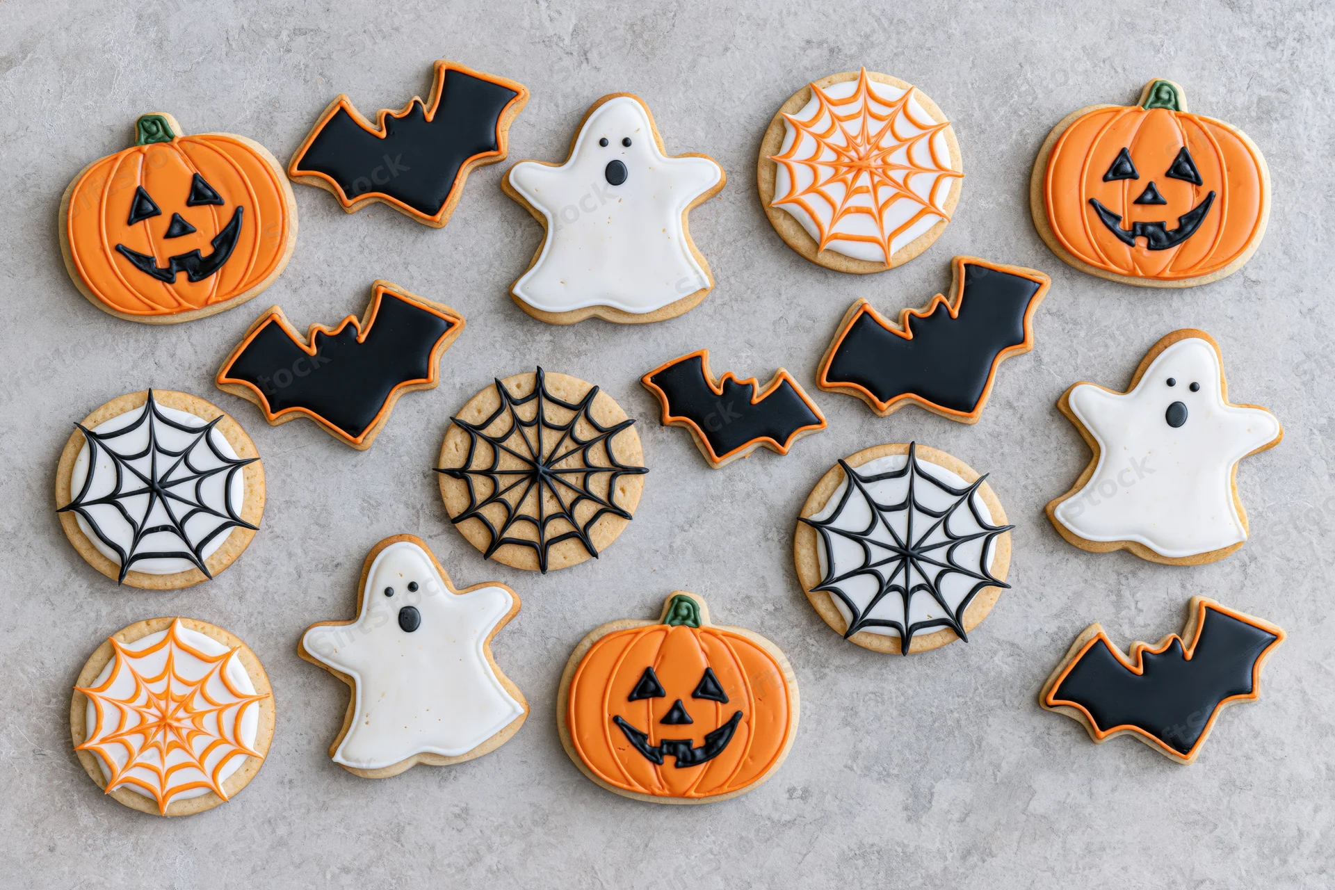 Halloween decorated sugar cookies arranged flat lay on gray stone surface