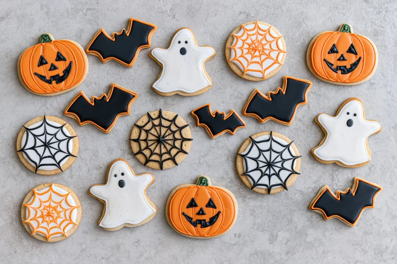 Halloween decorated sugar cookies arranged flat lay on gray stone surface