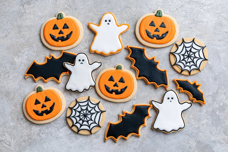 Halloween sugar cookies shaped as pumpkins ghosts bats and spiderwebs arranged in flat lay on gray surface