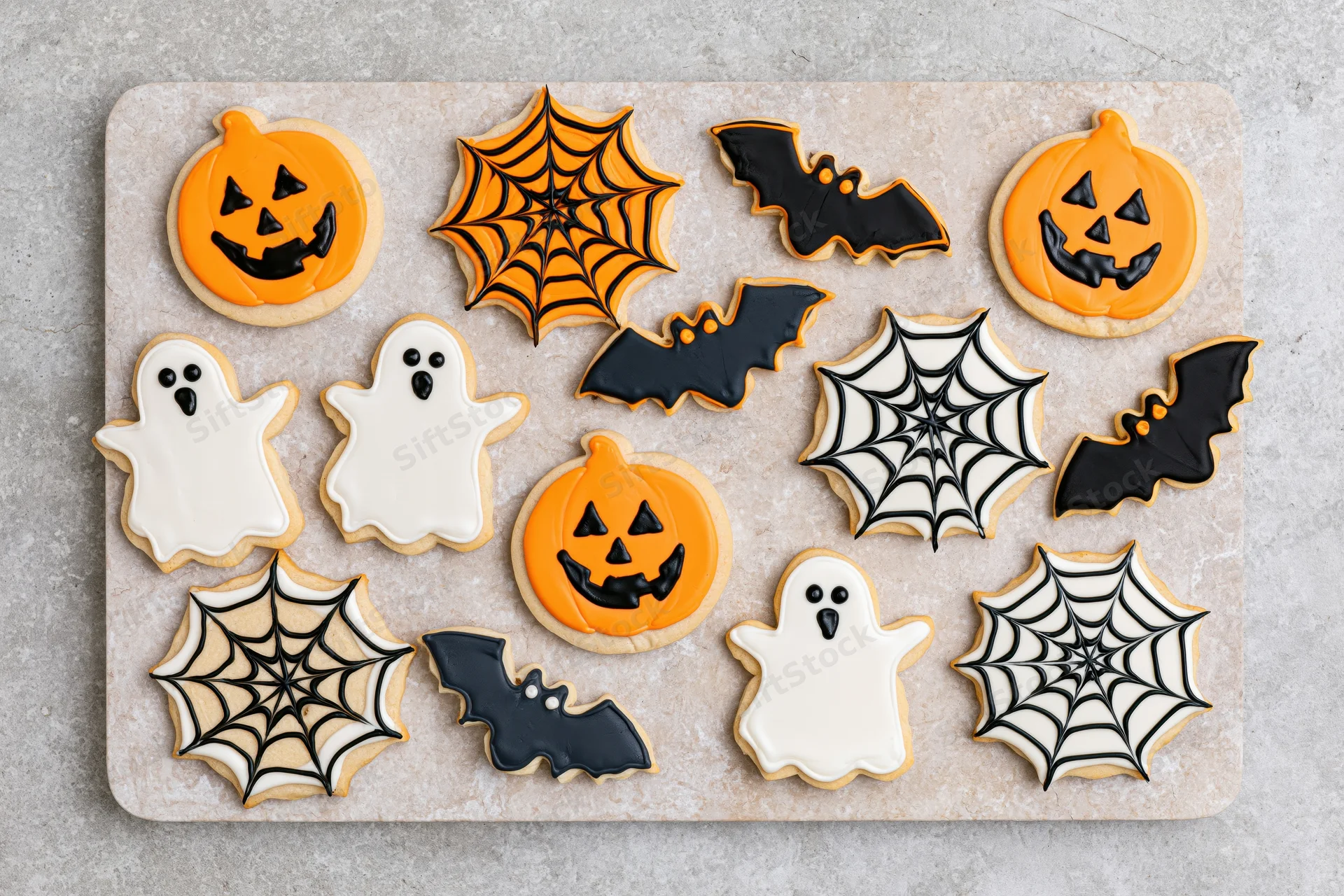 Halloween decorated sugar cookies arranged flat lay on a light marble tray