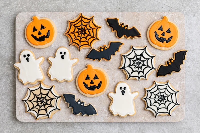 Halloween decorated sugar cookies arranged flat lay on a light marble tray