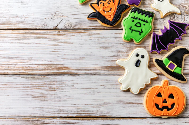 Halloween decorated sugar cookies arranged along the top right of a white wooden table with copyspace on the left