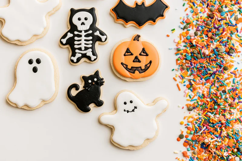 Halloween sugar cookies shaped as ghosts, pumpkins, skeletons, bats and cats with colorful sprinkles on white surface