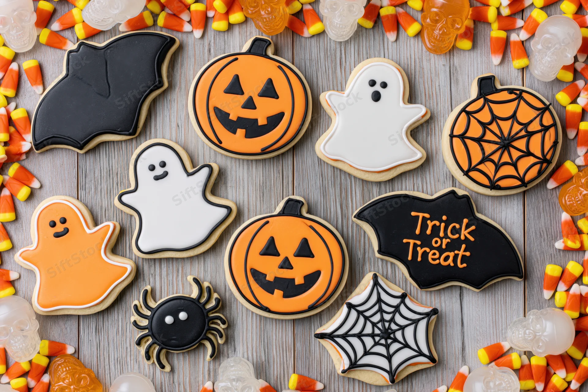 Halloween decorated sugar cookies arranged on wooden surface with candy corn and plastic skulls