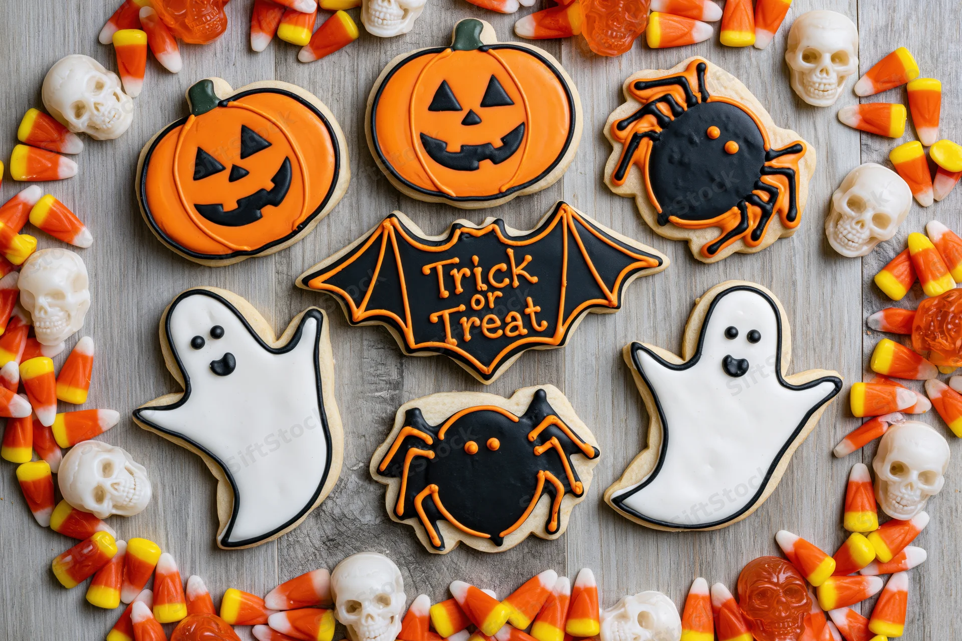 Halloween sugar cookies shaped as pumpkins ghosts spiders and bats with candy corn and skulls on a grey wooden table