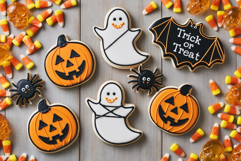 Halloween sugar cookies shaped as pumpkins ghosts bats and spiders arranged with candy corn on wooden surface