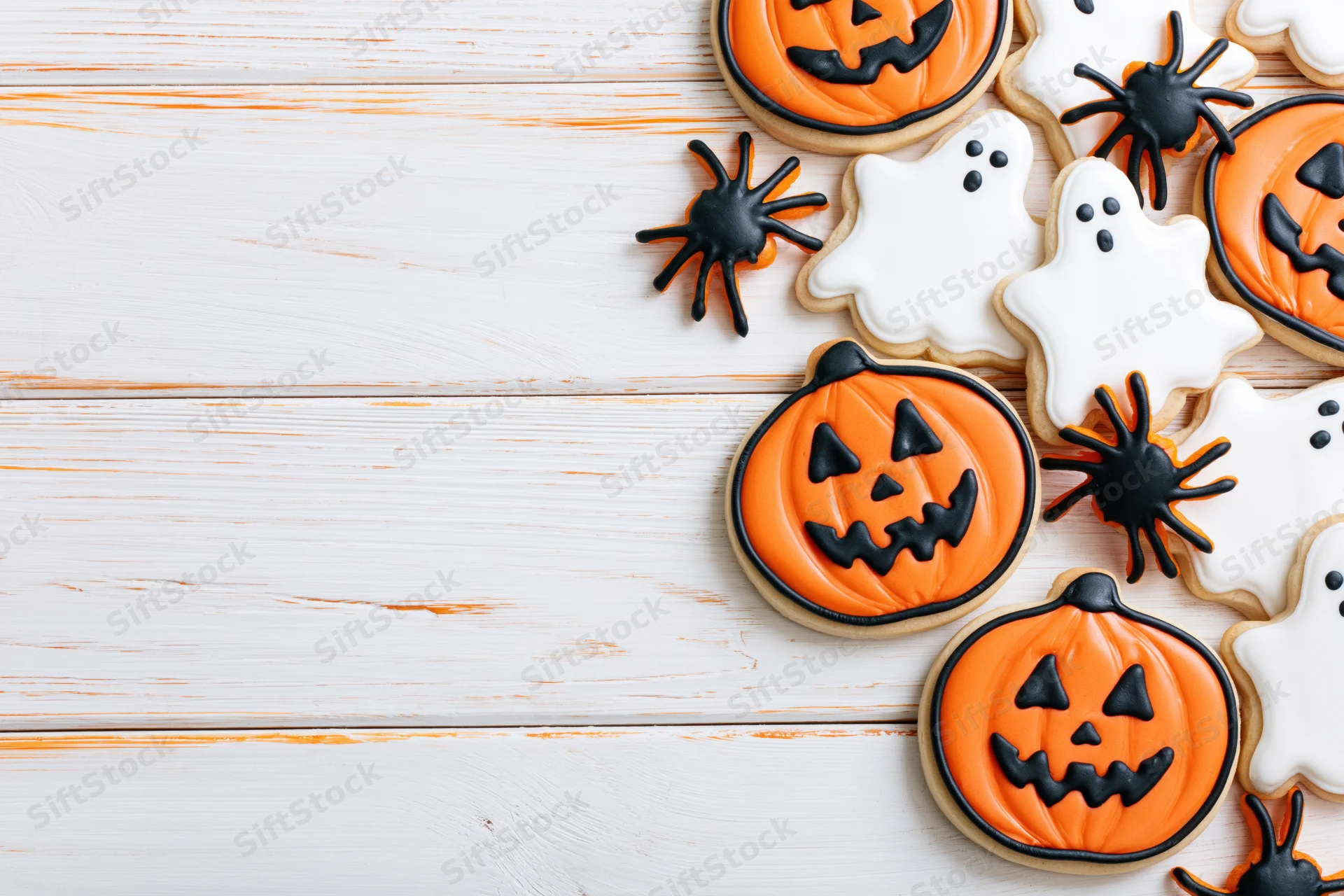 Halloween sugar cookies shaped like jack-o-lanterns, ghosts, and spiders arranged on a white wooden table with copyspace on the left