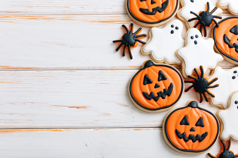 Halloween sugar cookies shaped like jack-o-lanterns, ghosts, and spiders arranged on a white wooden table with copyspace on the left