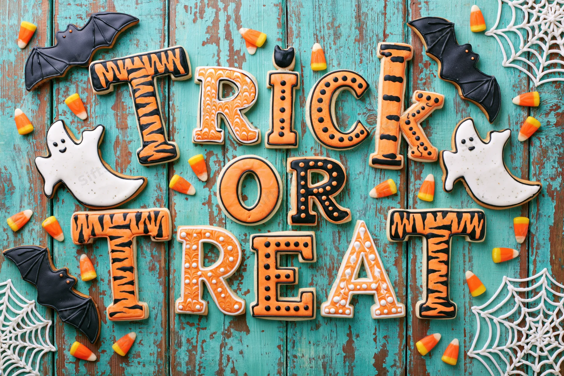 Halloween sugar cookies spelling trick or treat on a teal wooden surface with candy corn and decorations