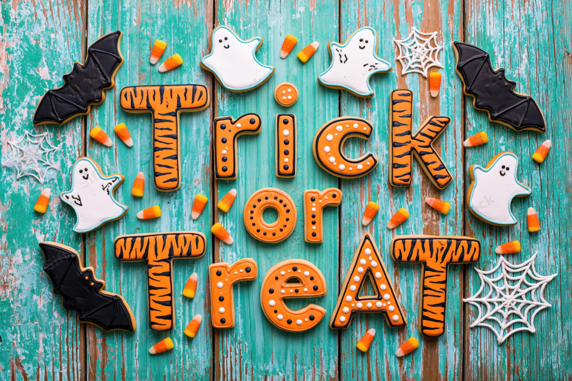 Halloween sugar cookies spelling trick or treat on a turquoise wooden surface with candy corn and ghost and bat shapes
