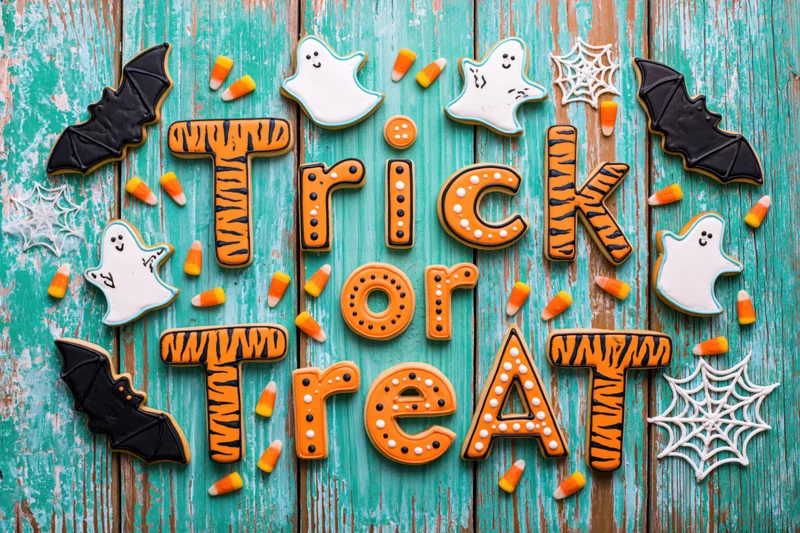 Halloween sugar cookies spelling trick or treat on a turquoise wooden surface with candy corn and ghost and bat shapes