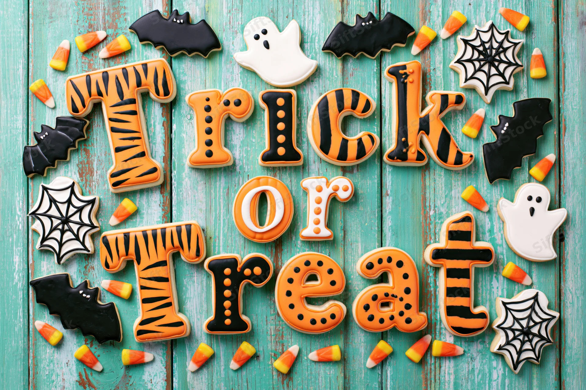 Halloween sugar cookies spelling trick or treat on teal wooden surface with candy corn and spooky shapes