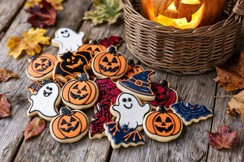 Halloween decorated sugar cookies shaped as pumpkins ghosts bats and witches on rustic wooden table with carved pumpkin lantern in wicker basket and autumn leaves
