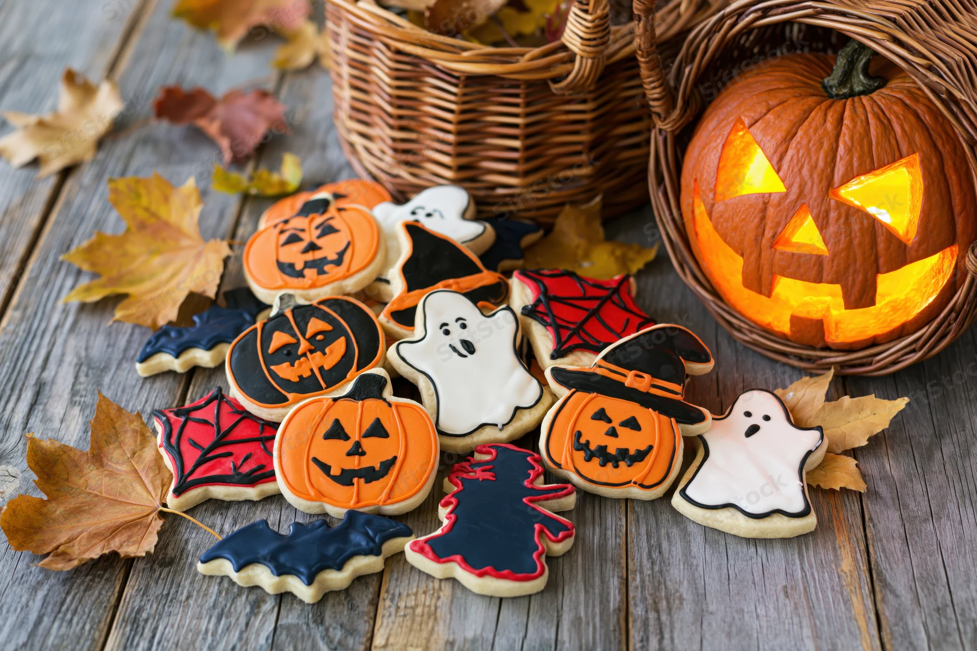 Halloween decorated sugar cookies arranged on rustic wooden table with jack o lantern and autumn leaves