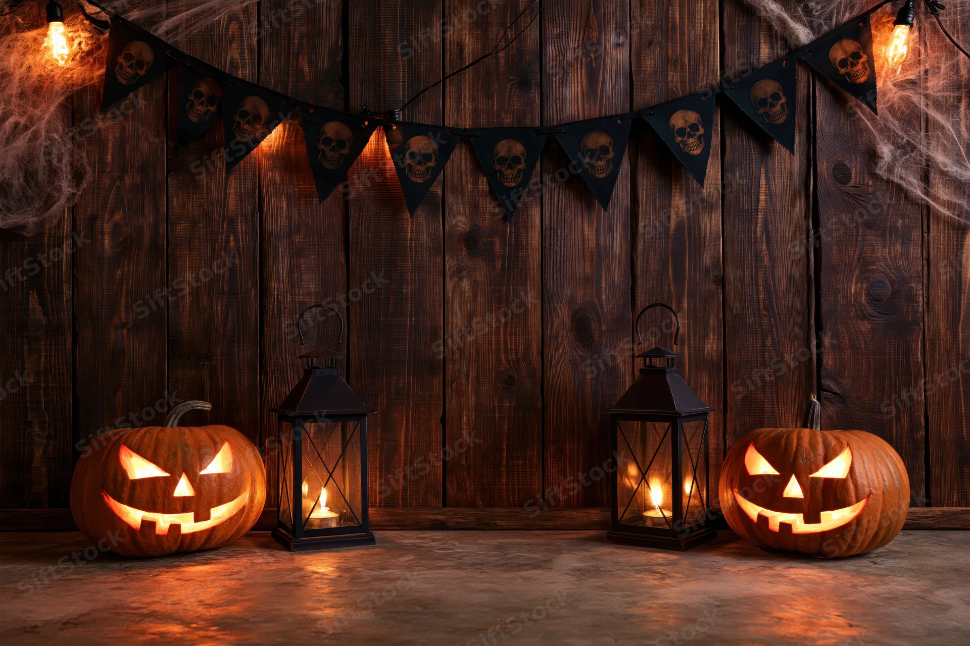 Carved pumpkins and lit lanterns arranged against a dark wooden plank wall with skull banners and cobwebs for halloween decoration