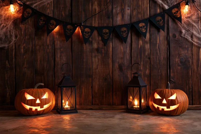 Carved pumpkins and lit lanterns arranged against a dark wooden plank wall with skull banners and cobwebs for halloween decoration