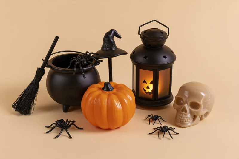 Halloween decorations including pumpkin, lantern, skull, spiders, broom and cauldron arranged on cream surface