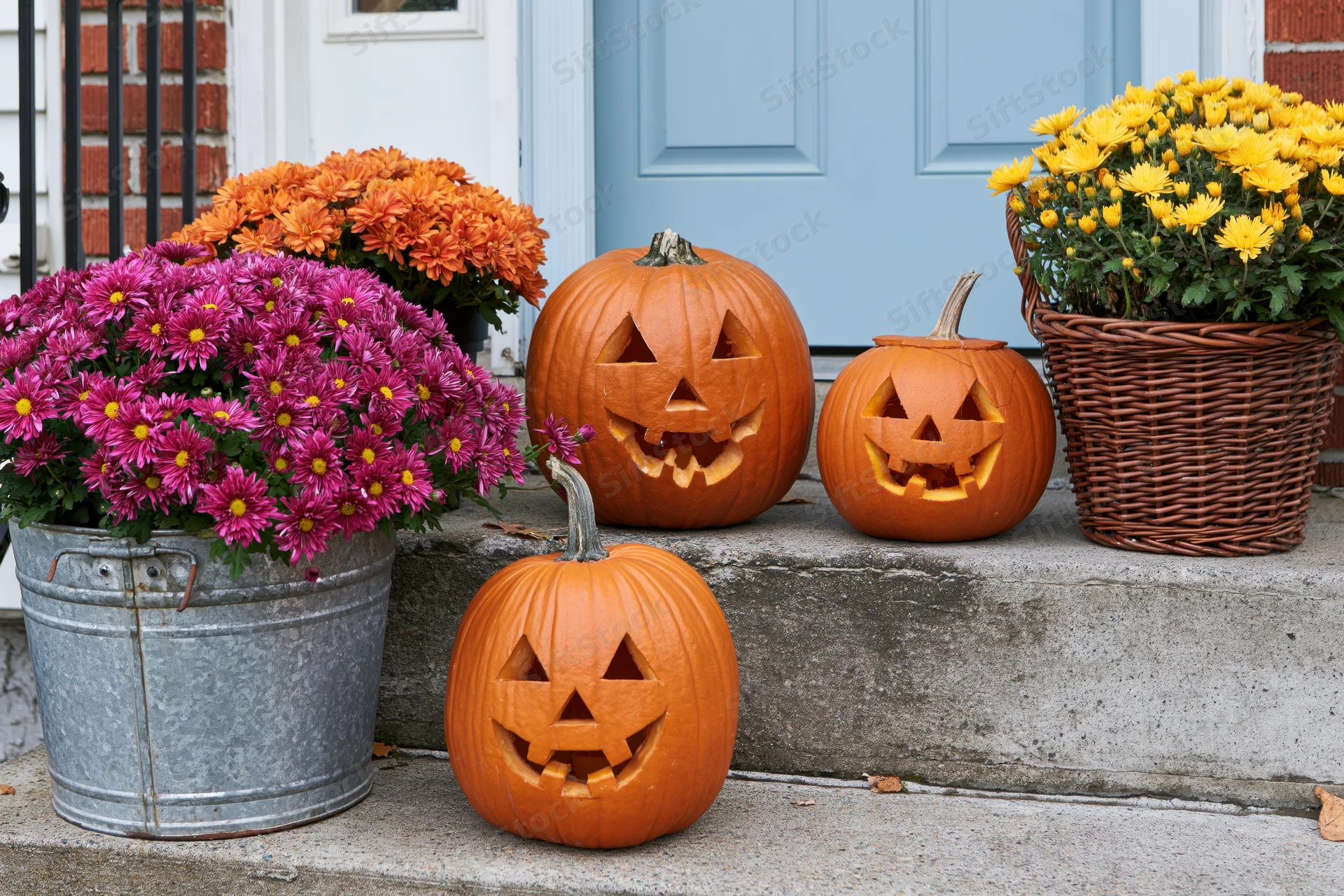Three carved jack-o-lanterns on a front porch steps with potted chrysanthemums and a blue door