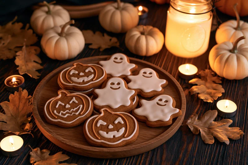 Halloween gingerbread cookies shaped like jack-o-lanterns and ghosts on a wooden tray surrounded by pumpkins and candles