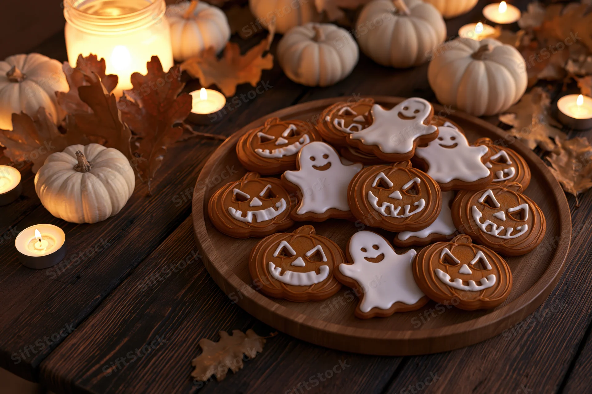 Halloween gingerbread cookies shaped like jack-o-lanterns and ghosts on a wooden tray surrounded by pumpkins and candles on a dark table