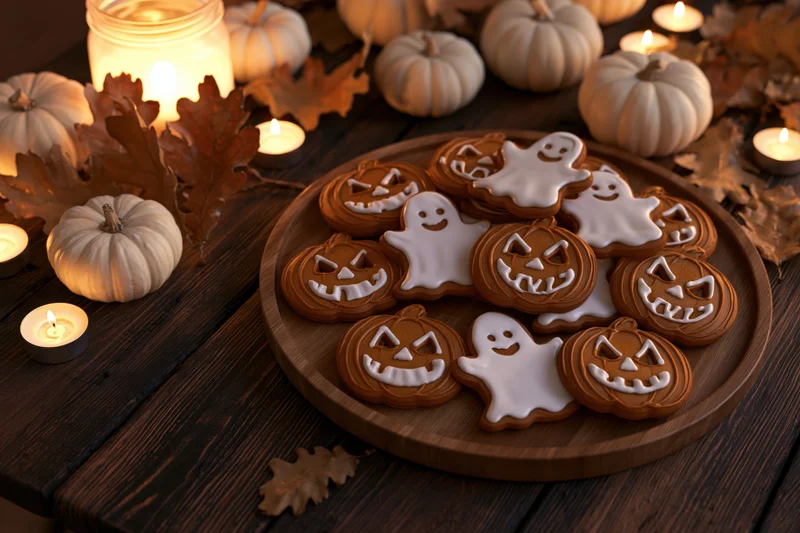 Halloween gingerbread cookies shaped like jack-o-lanterns and ghosts on a wooden tray surrounded by pumpkins and candles on a dark table
