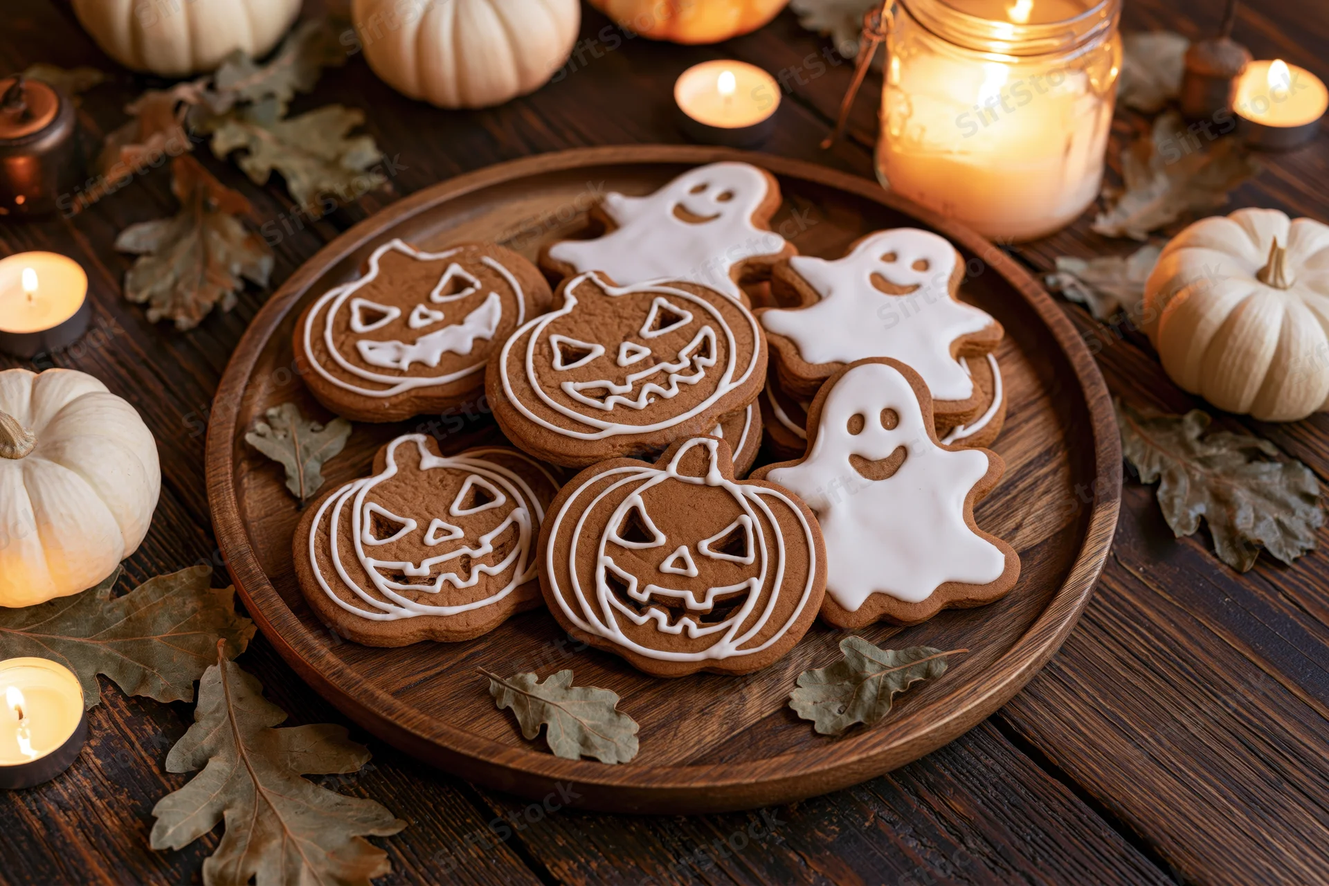 Halloween gingerbread cookies shaped like jack-o-lanterns and ghosts on a wooden tray surrounded by candles and pumpkins