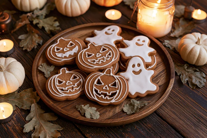 Halloween gingerbread cookies shaped like jack-o-lanterns and ghosts on a wooden tray surrounded by candles and pumpkins