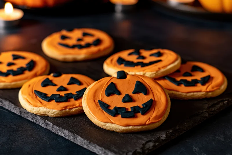 Jack-o-lantern sugar cookies with orange and black frosting arranged on a dark slate tray near a lit candle