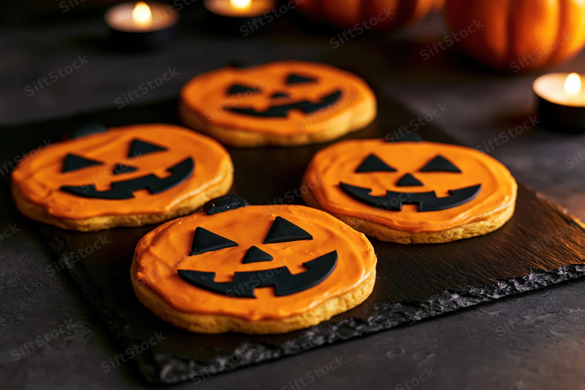 Four jack-o-lantern sugar cookies with orange frosting and black facial features arranged on a dark slate tray surrounded by lit candles and pumpkins