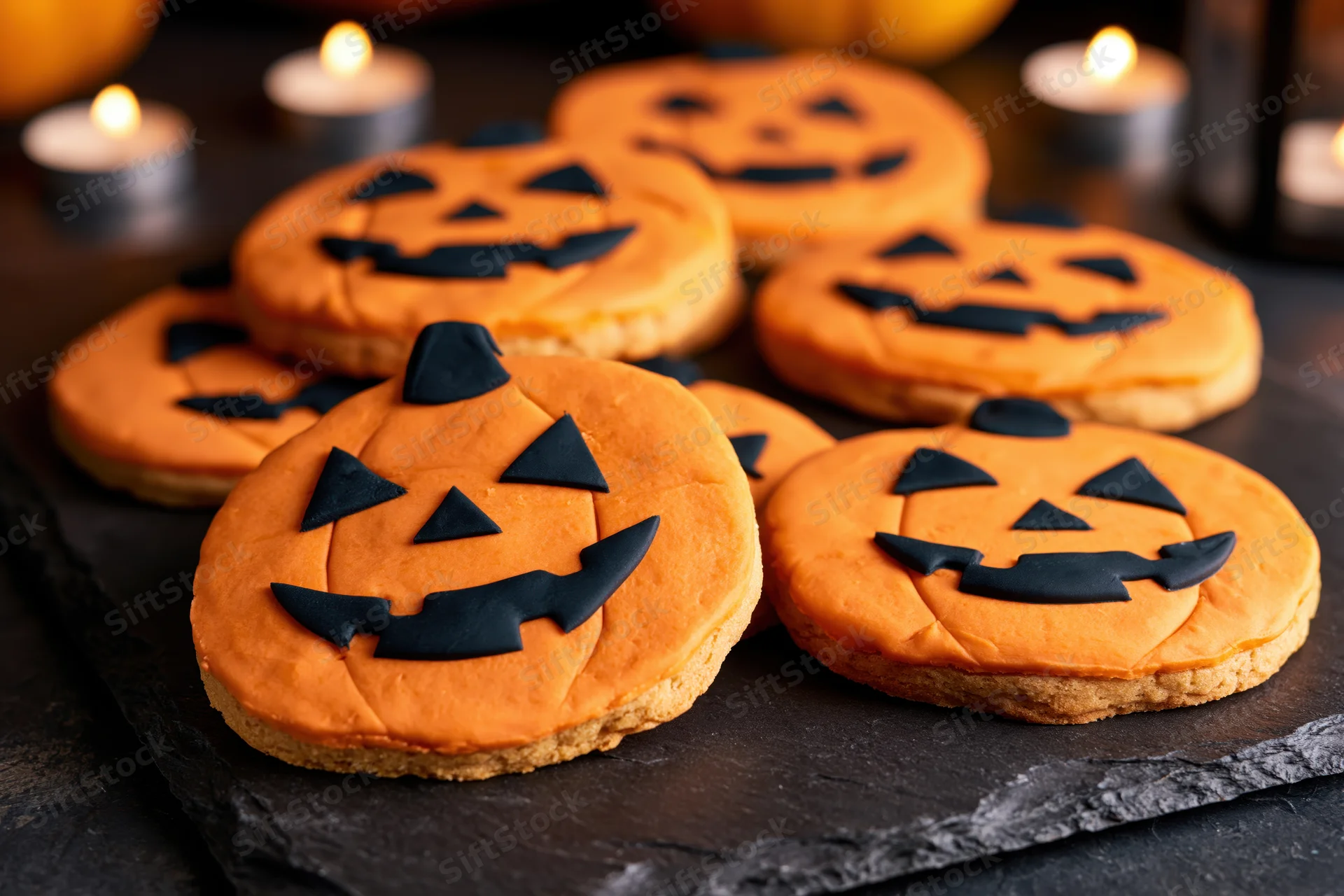 Jack-o-lantern sugar cookies decorated with black icing faces on a slate tray with lit candles around