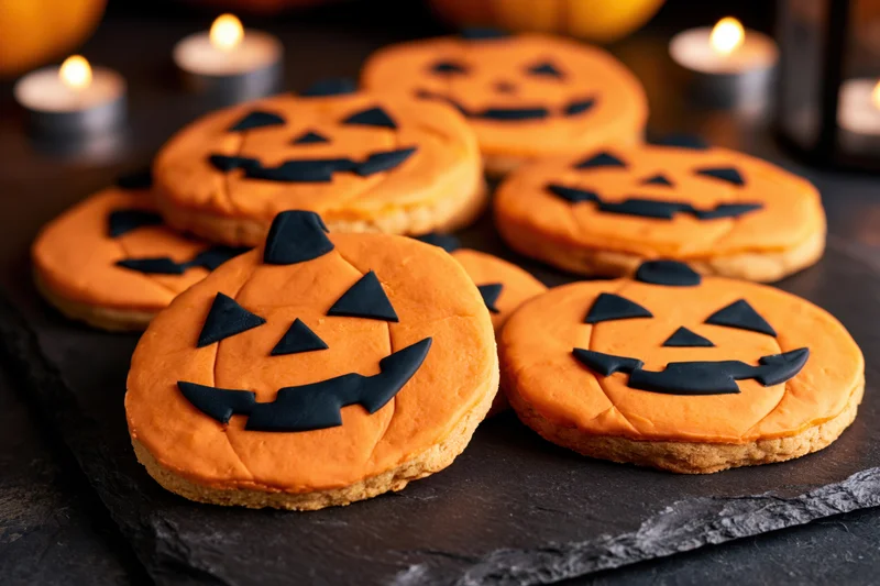 Jack-o-lantern sugar cookies decorated with black icing faces on a slate tray with lit candles around